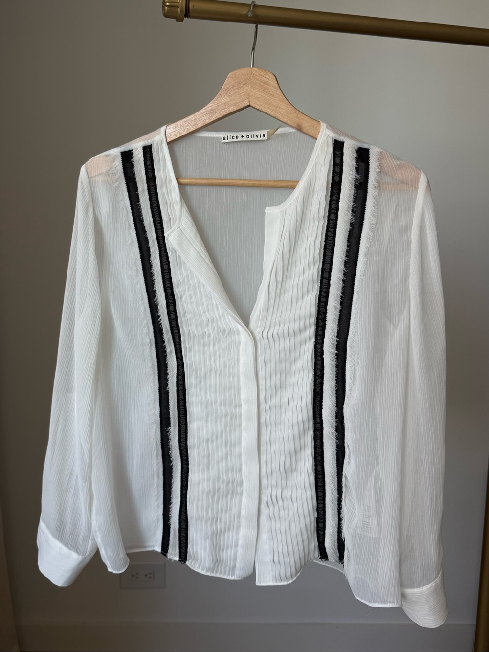 Alice + Olivia Sheer Lace Stripe Fringe Blouse Size S